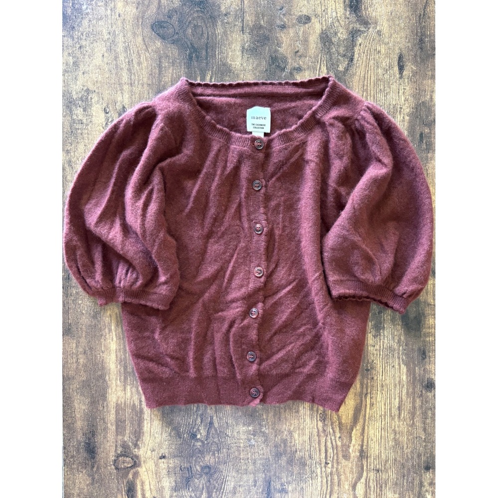 Maeve Anthro 100% Cashmere Puff Short Sleeve Cardigan Dark Wine Size Medium